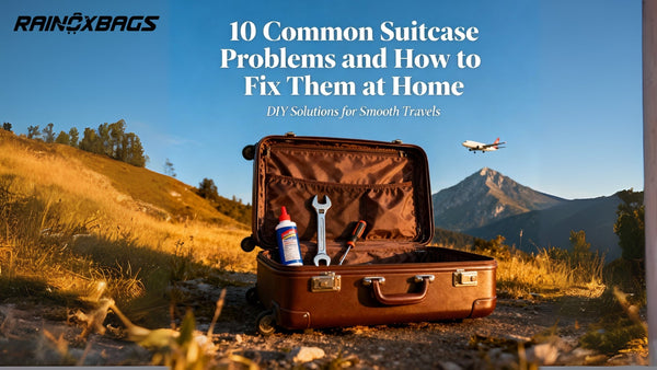 Open suitcase with repair tools in a scenic outdoor setting, highlighting DIY fixes for common suitcase problems.