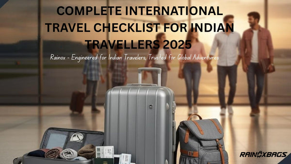 Indian travelers with Rainox luggage at an airport, highlighting the Complete International Travel Checklist for 2025.