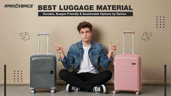 Best luggage material comparison showing durable polycarbonate and ABS suitcases by Rainox - gray and pink hardshell luggage options for travelers