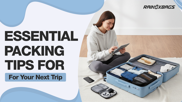 Woman packing blue suitcase with organized travel essentials including clothes, toiletries and accessories while using tablet for trip planning