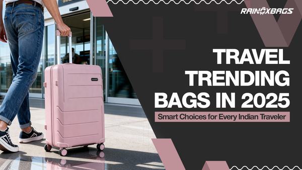 A person walking with a pink suitcase at an airport entrance, representing travel trending bags in 2025 for smart choices by Indian travelers.