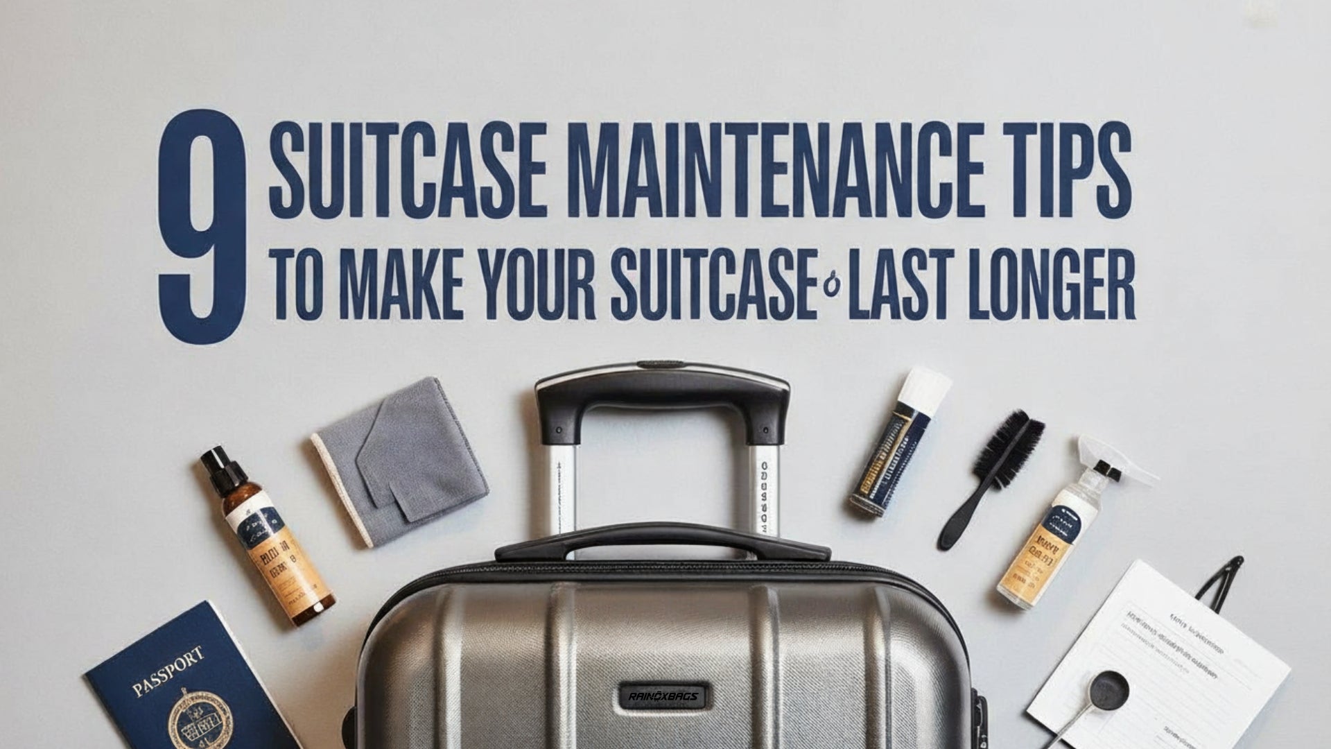 Flat lay of a hard-shell suitcase surrounded by travel essentials (passport, cleaning spray, brush, cloth) beneath the title ‘9 Suitcase Maintenance Tips to Make Your Suitcase Last Longer