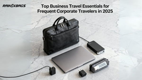  Business travel essentials: leather laptop bag, laptop, power bank, and charger on a marble surface.