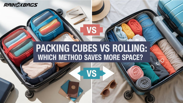 Packing cubes vs rolling clothes comparison in open suitcases showing organized travel packing methods