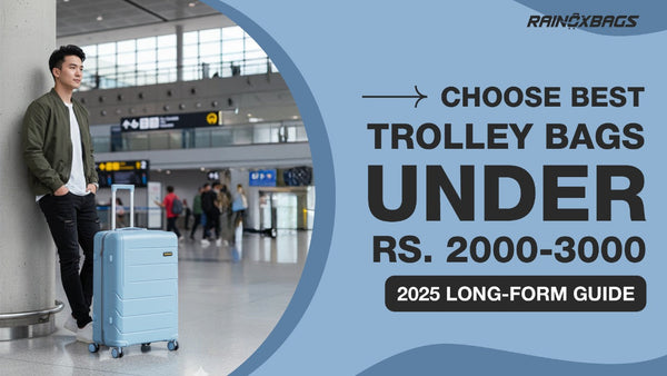 A man standing on airport with Rainox Bags and in right there is text Best Trolley Bags under 2000-3000 in India