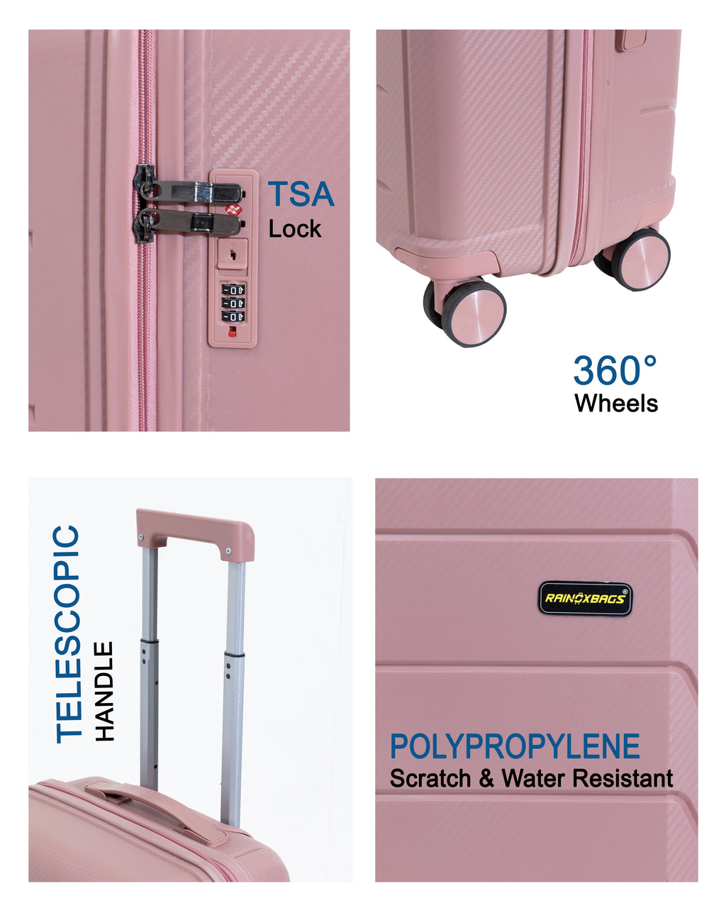 Rainox Combo — 3 Size Suitcase Set (20/24/28) — Rose Gold Pink
